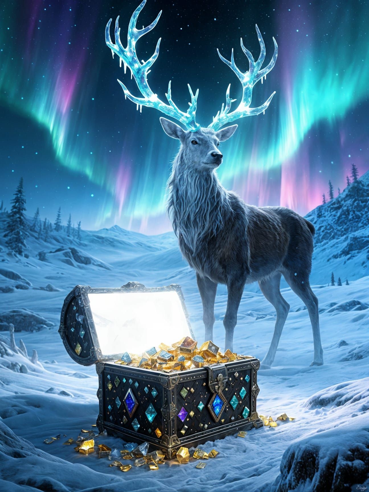Icy Stag Guardian of Gemstone Treasure Chest