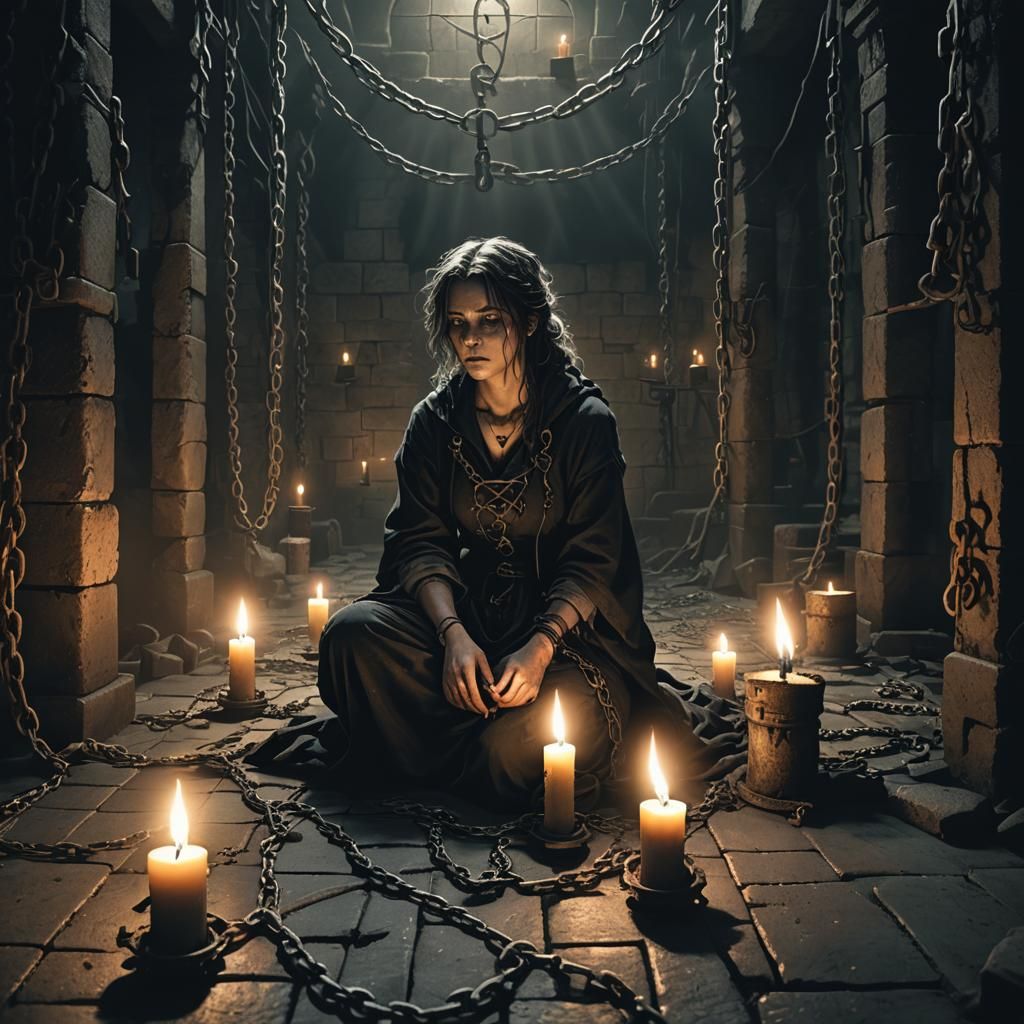Female Prisoner in Abandoned Dungeon, Gothic Illustration