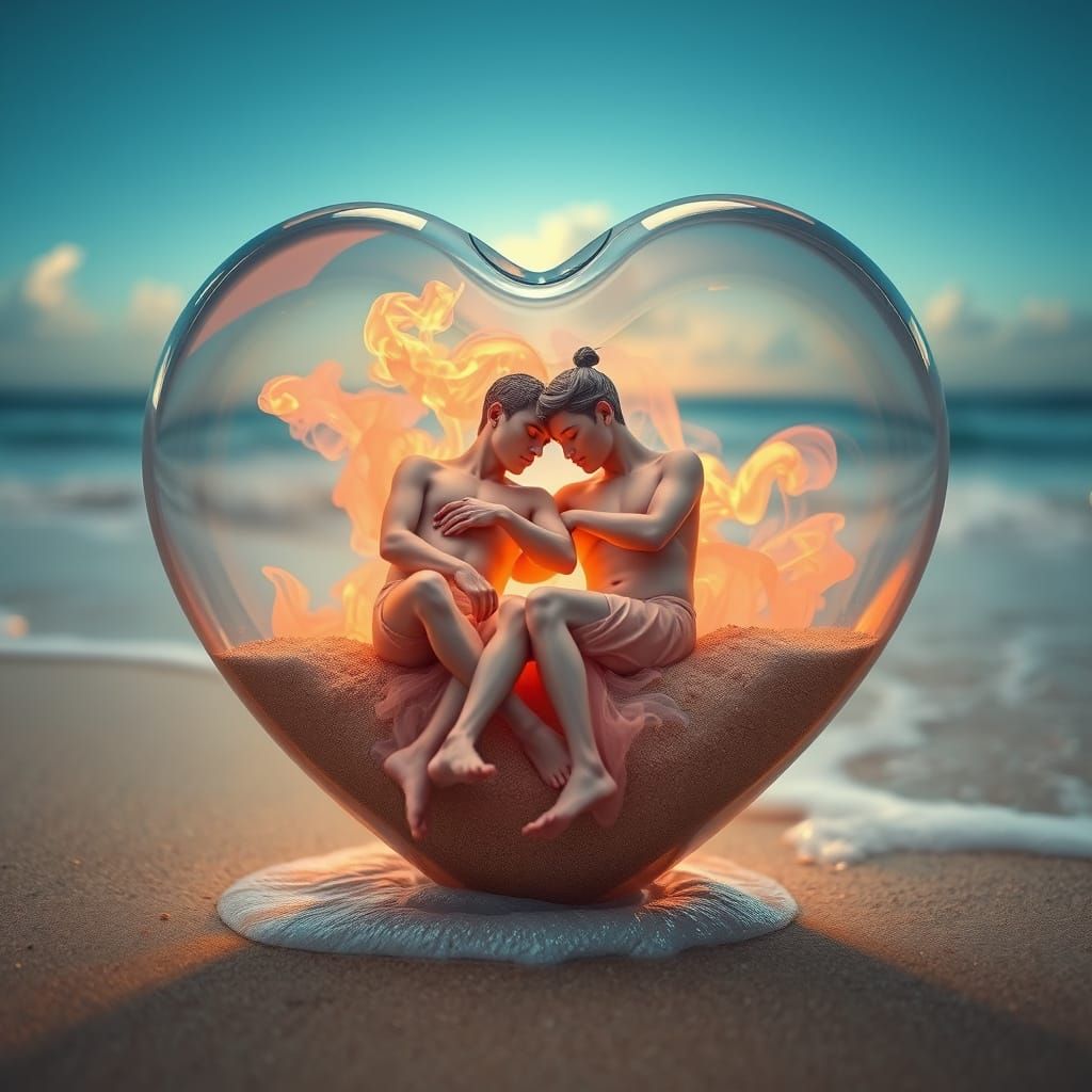 Smoky Figures in Glass Heart, Tropical Beach Scene
