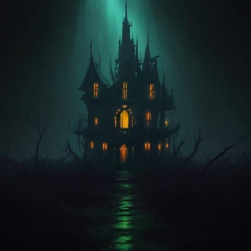 Surreal Haunted House with Bioluminescent Vegetation