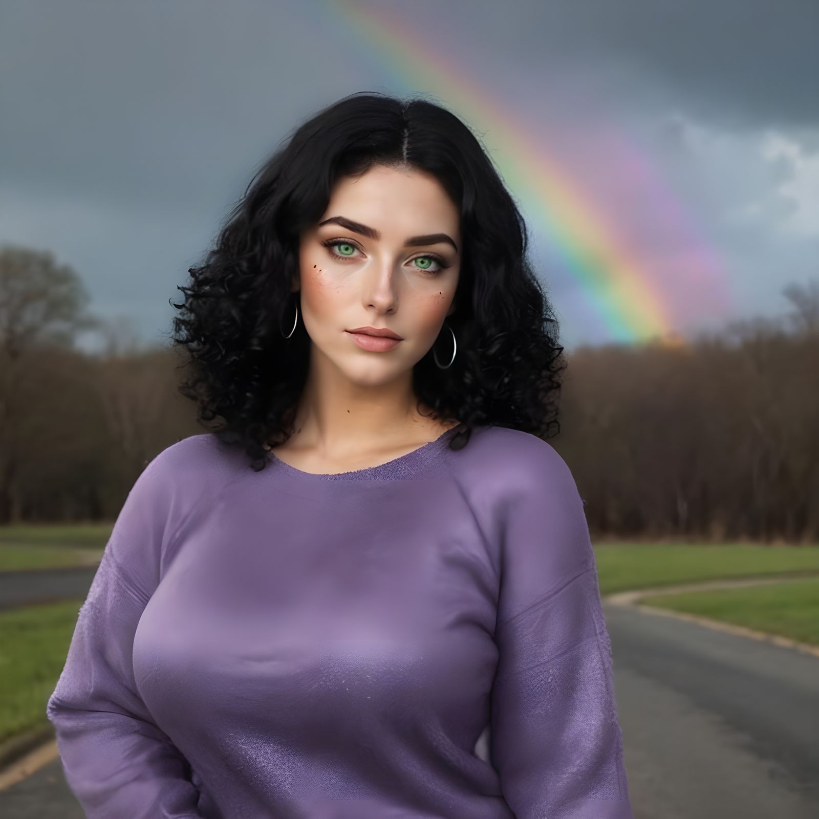 Flirty Cajun Woman with Rainbow Background