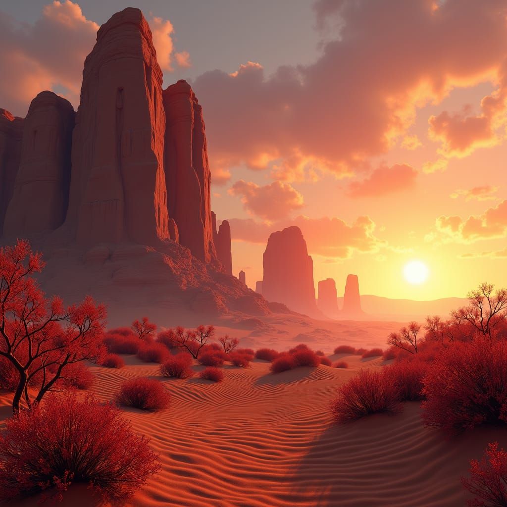 Desert Monoliths and Red Plants at Sundown