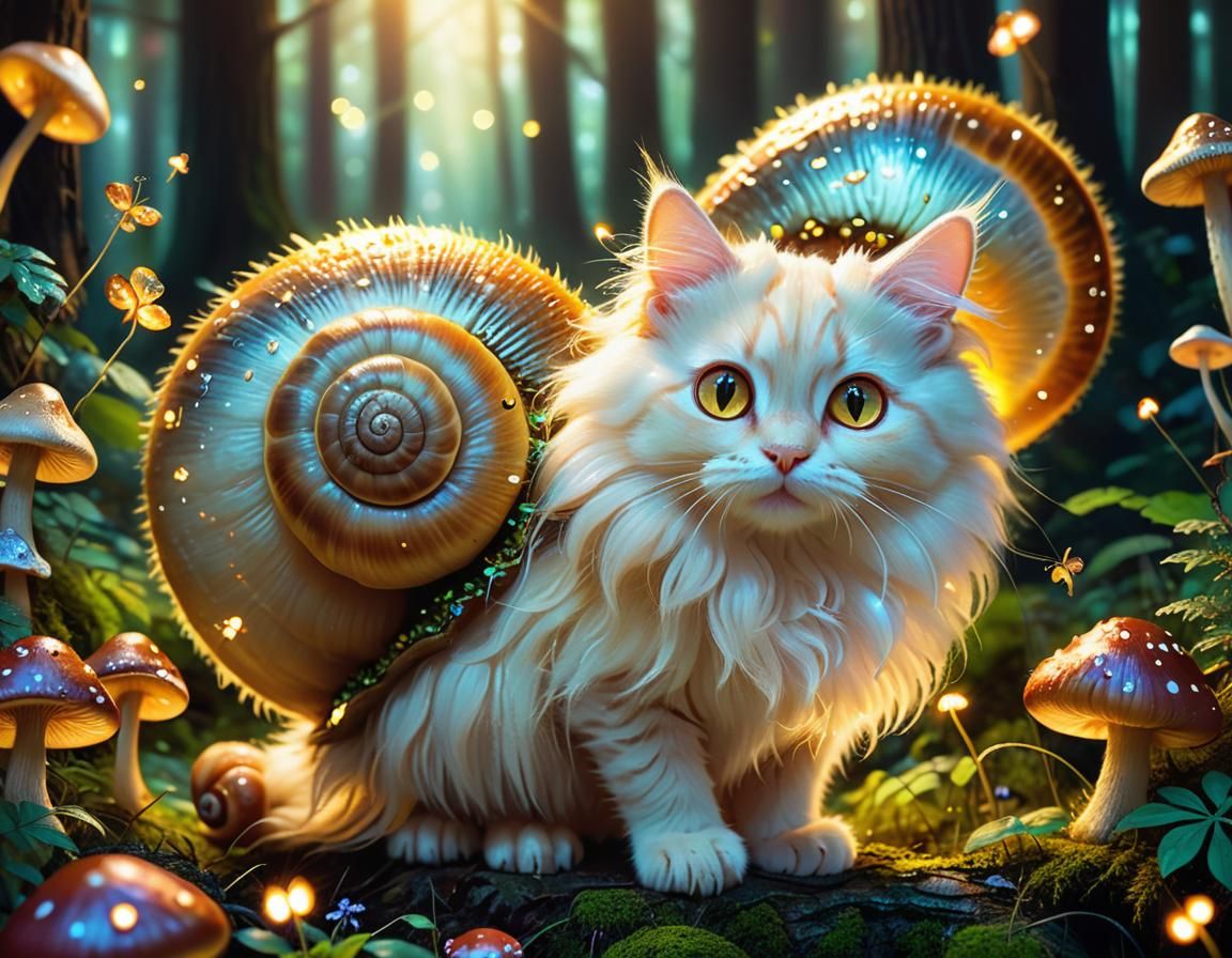 Kitty-Snail Hybrid in Whimsical Forest, Digital Painting