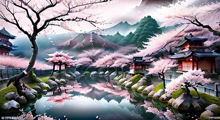 Dystopian Japanese Cherry Blossom Landscape: Dark Fantasy Ar...