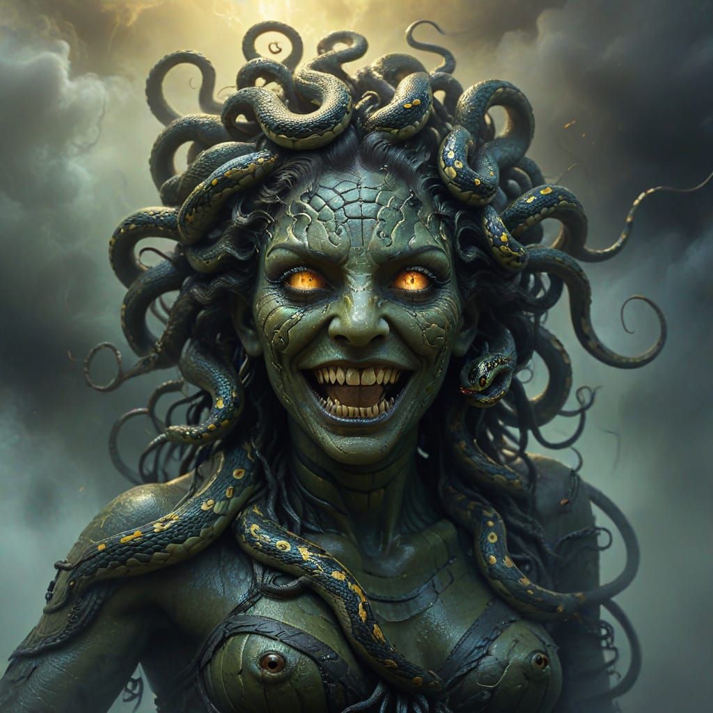 Medusa with Feral Grin in Surreal Oil Painting