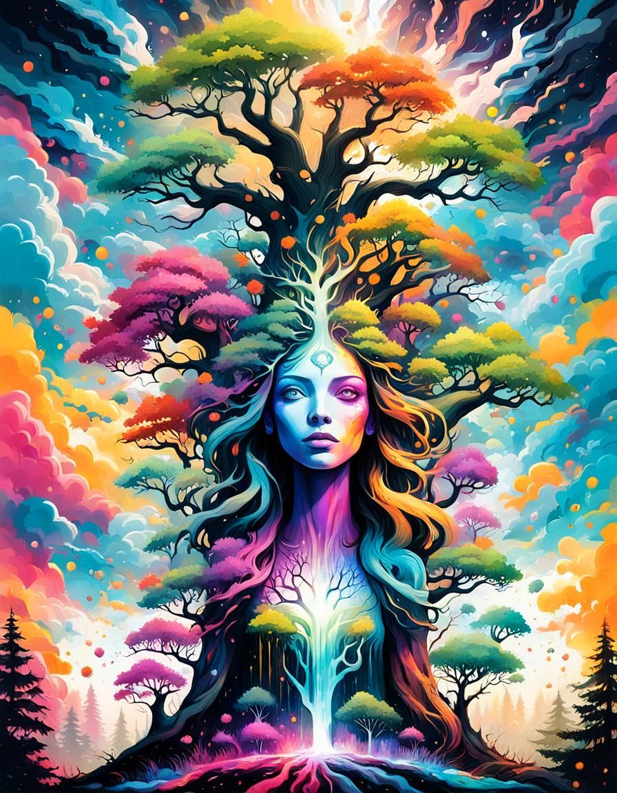 World Tree Goddess in Colorful Graffiti Art
