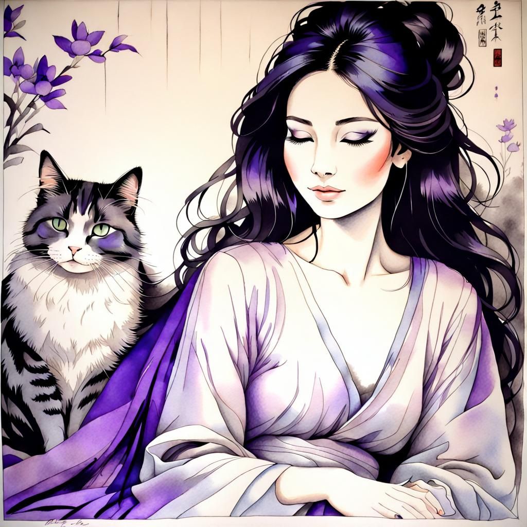 Oriental Woman in Zen Garden: Ink and Silk Drawing