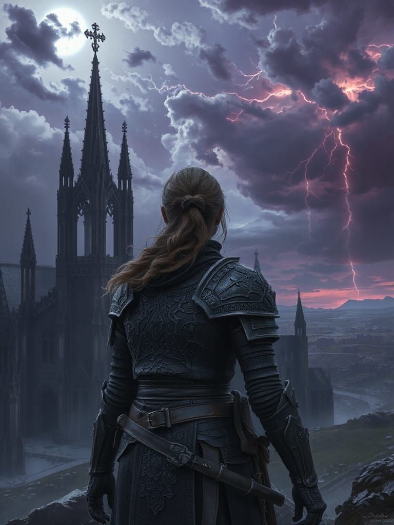 Stoic Warrior Before Gothic Cathedral in Dark Fantasy Style