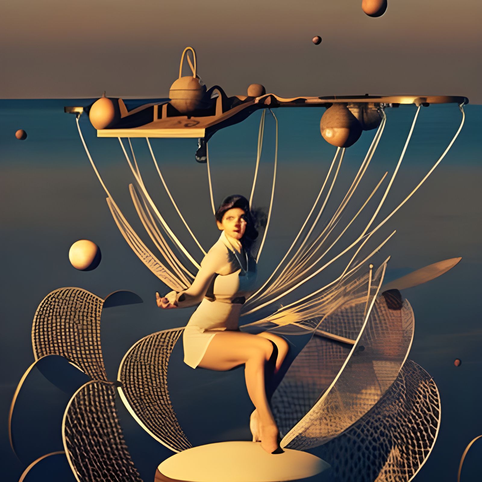 Surreal Steampunk Woman in the Sky with Flying Fish