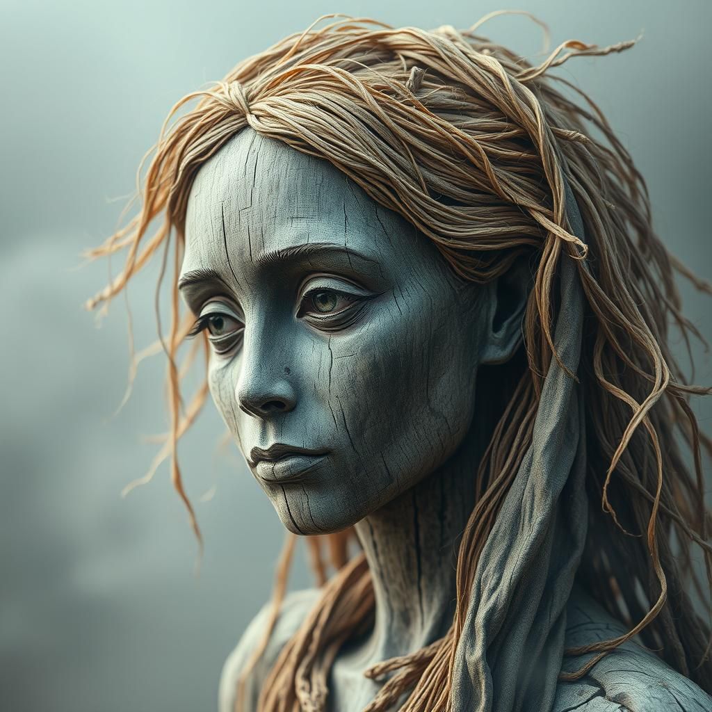 Ethereal Wooden Figurehead with Forlorn Gaze