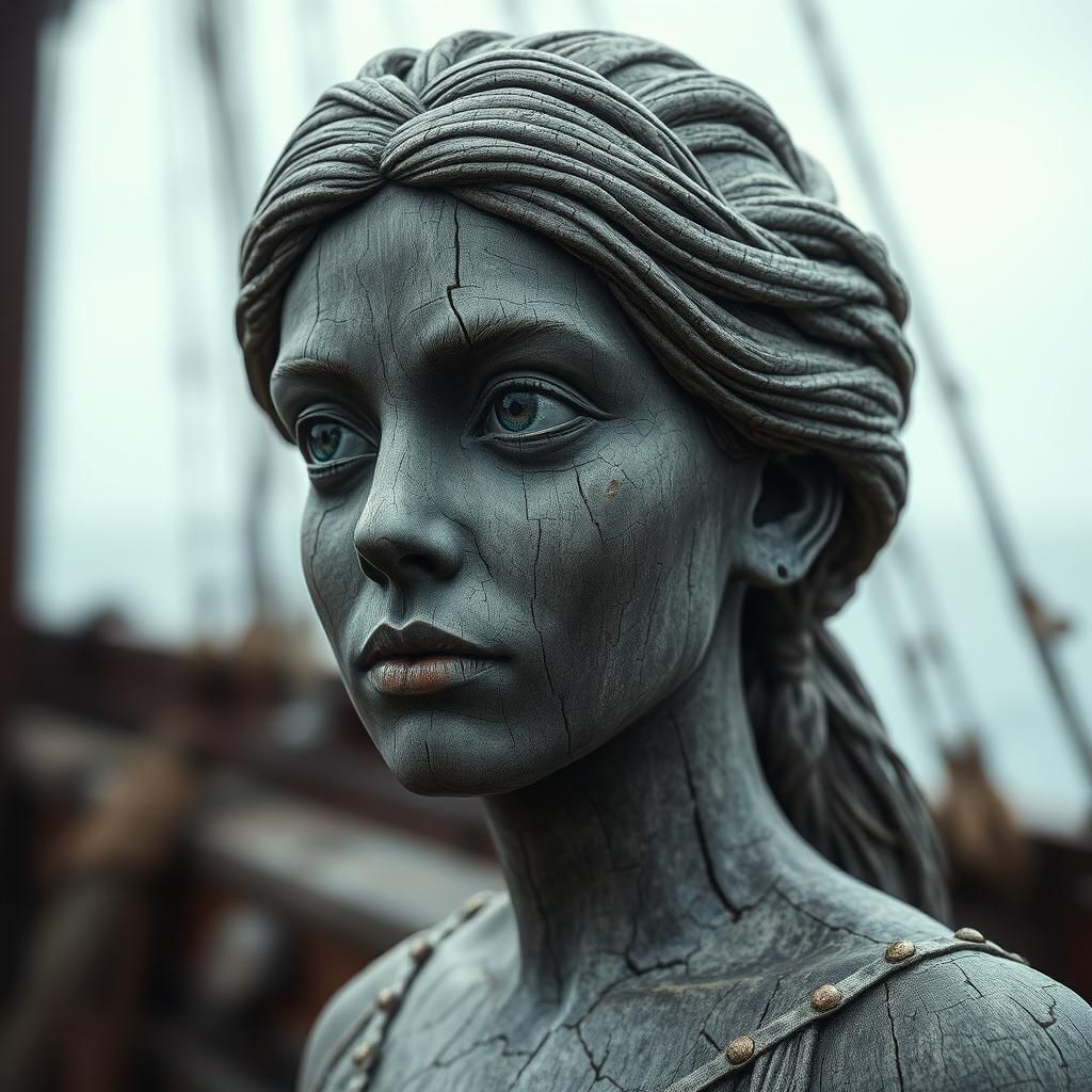 Weathered Ship Figurehead with Dreamy Backdrop