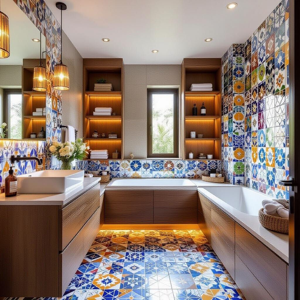 Vibrant Exotic Mosaic Bathroom Interior with Modern Furnishi...