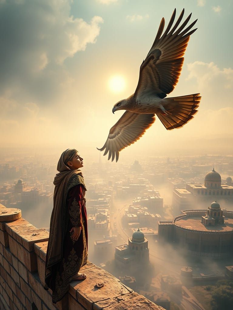 Hyper-Realistic Caliph on Fortress Wall, Soaring Hawk, Citys...