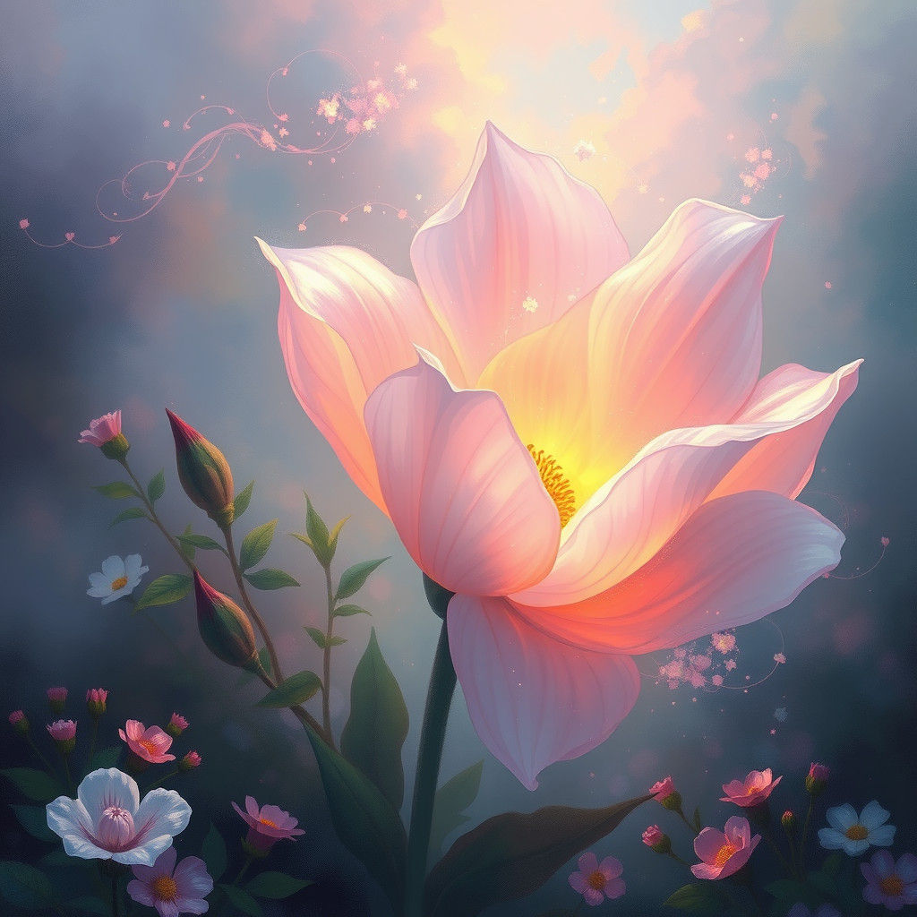 Ethereal Goddess Arises from Flower in Dreamlike Mist