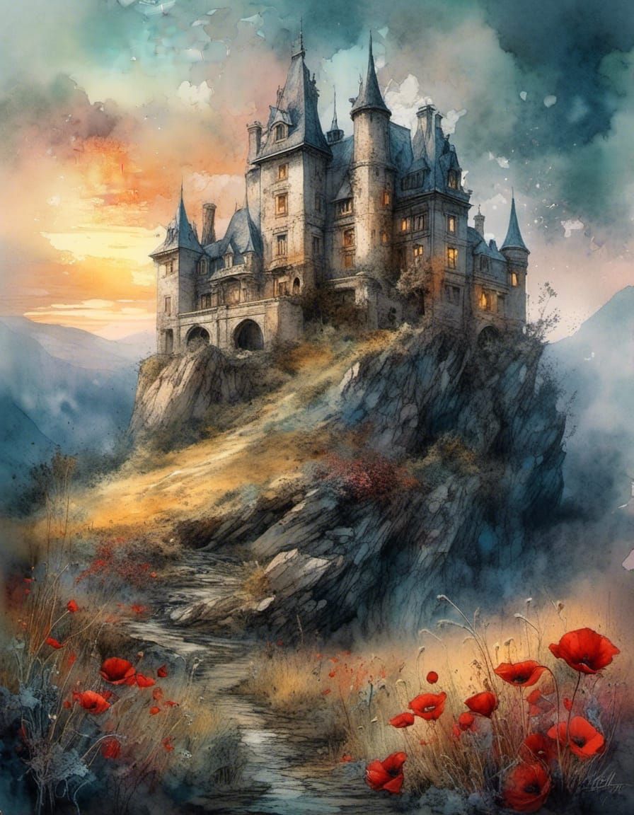 French Chateau with Poppies in Watercolor Style