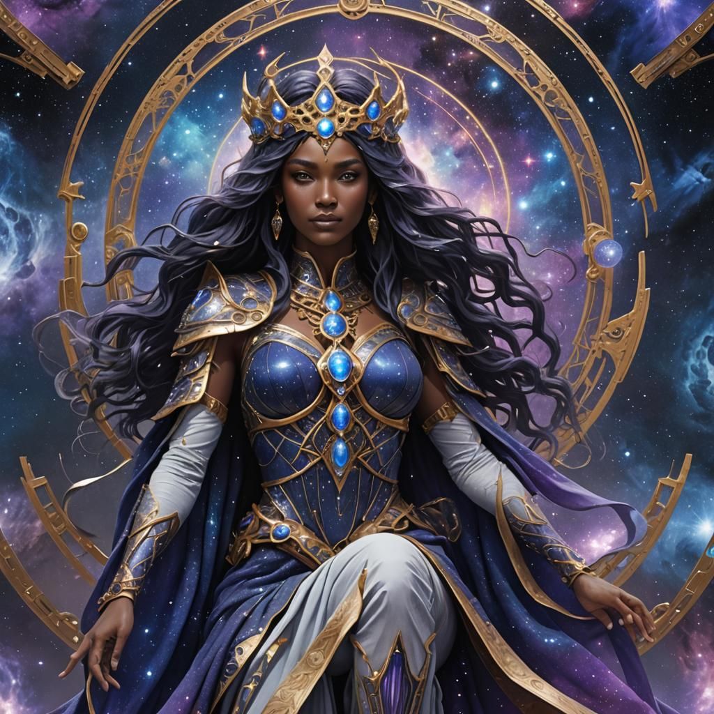 high quality, 8K Ultra HD, Aetheria, the Celestial Goddess, commands the cosmos with a regal presence, Adorned in robes ...