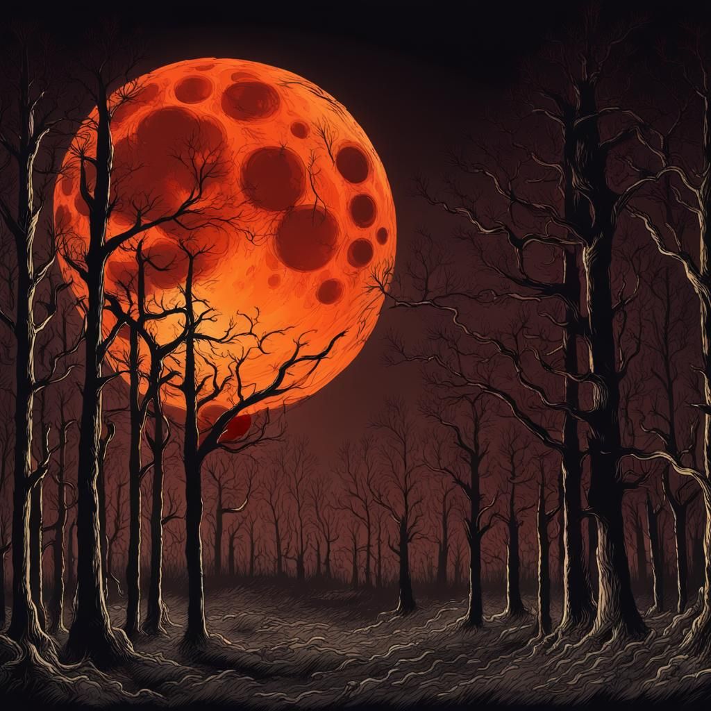 Spooky Harvest Moon Over Dark Forest