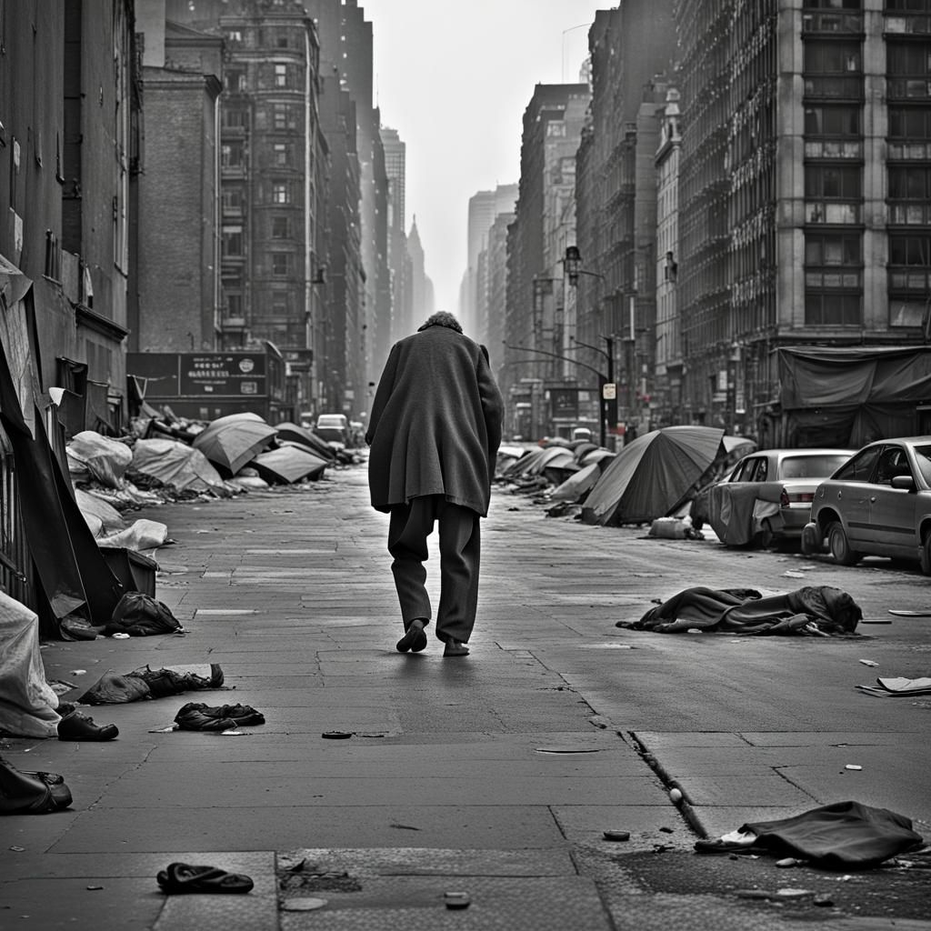 Homeless Man Shuffles Through Crowded City Street