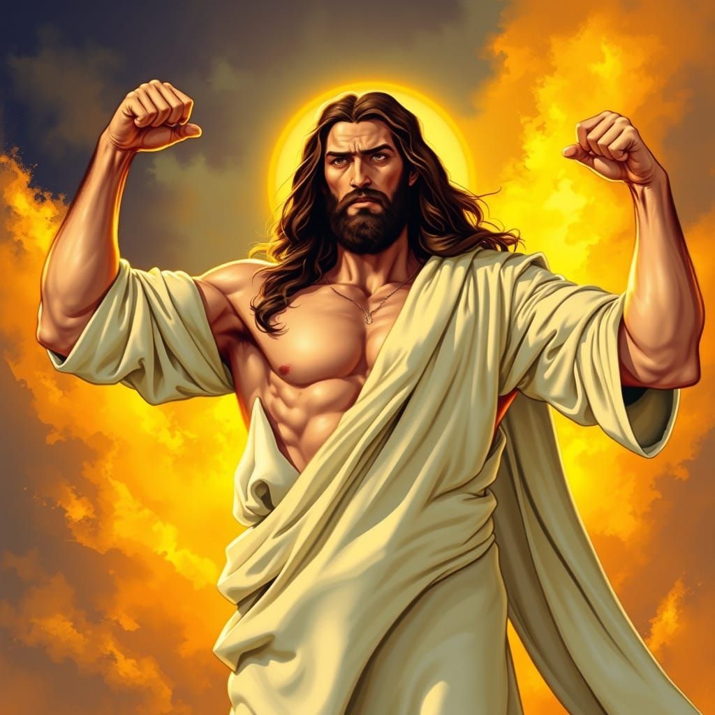 Jesus as a Muscular Hero in a Golden Landscape