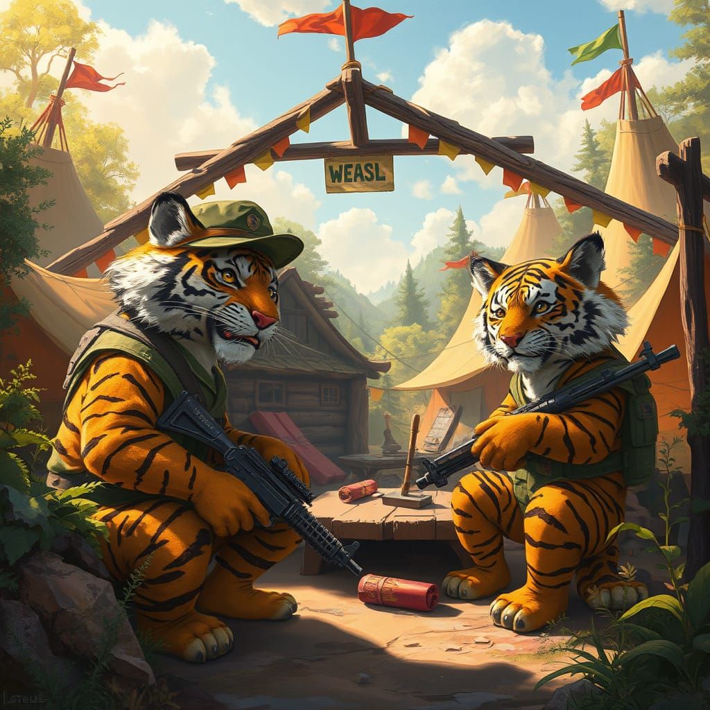 Tigers in Military Attire Construct Whimsical Mess Hall