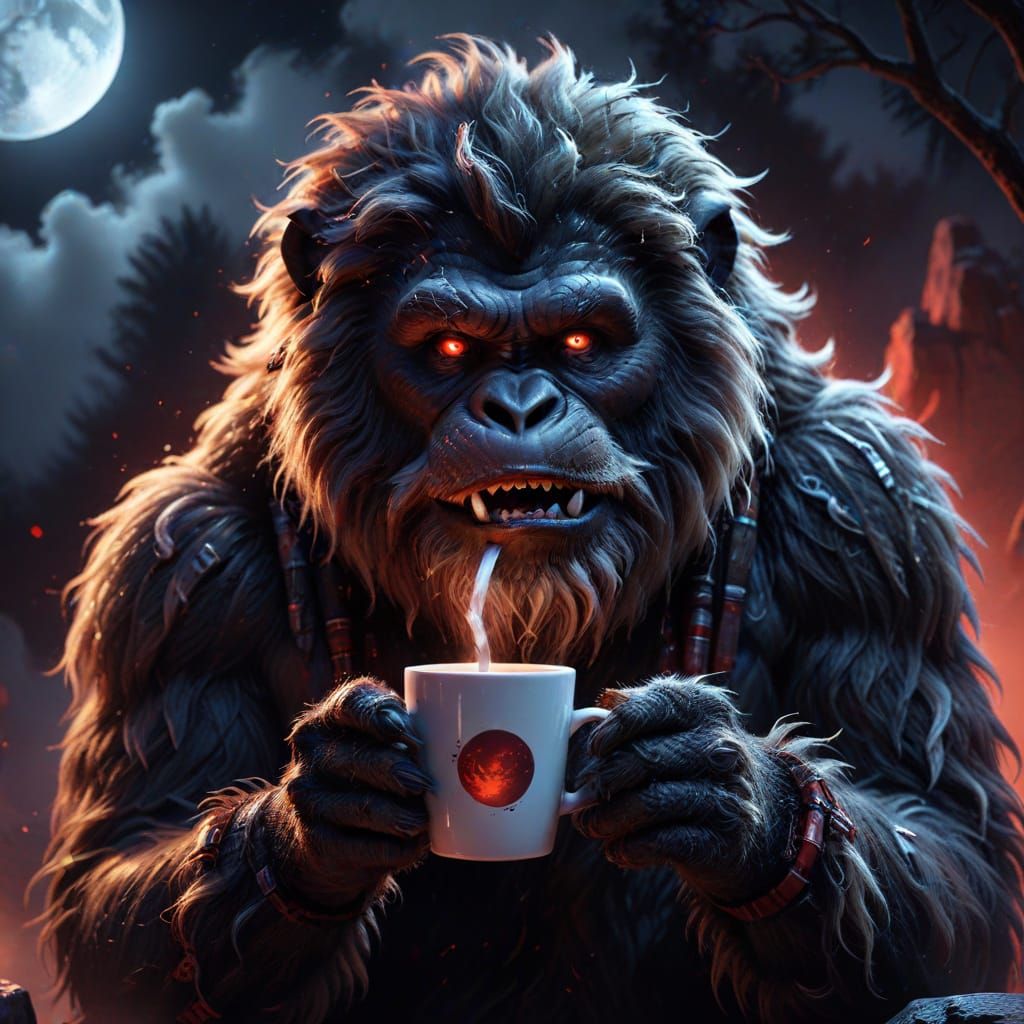 a dark-furred yeti sitting under the moonlight, slowly drink...