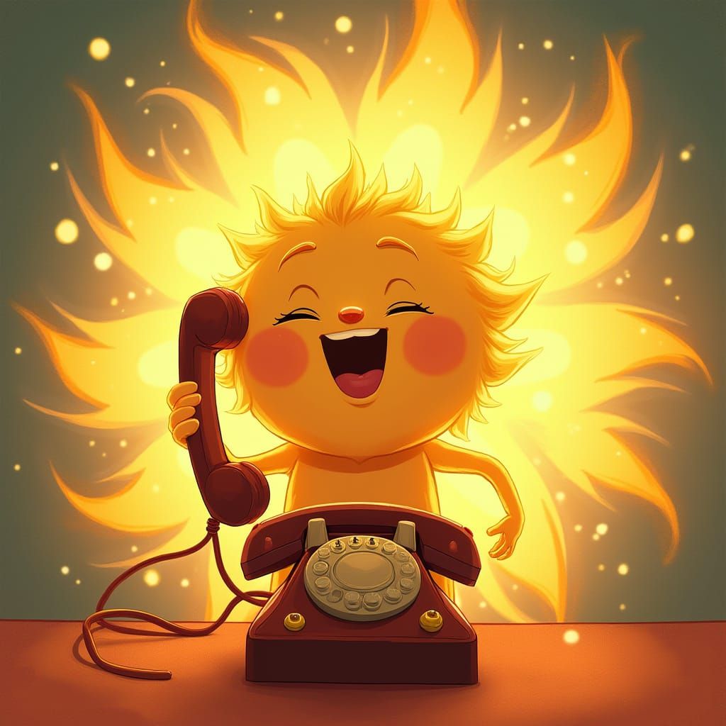 Whimsical Character with Rotary Phone in Fantastical Setting