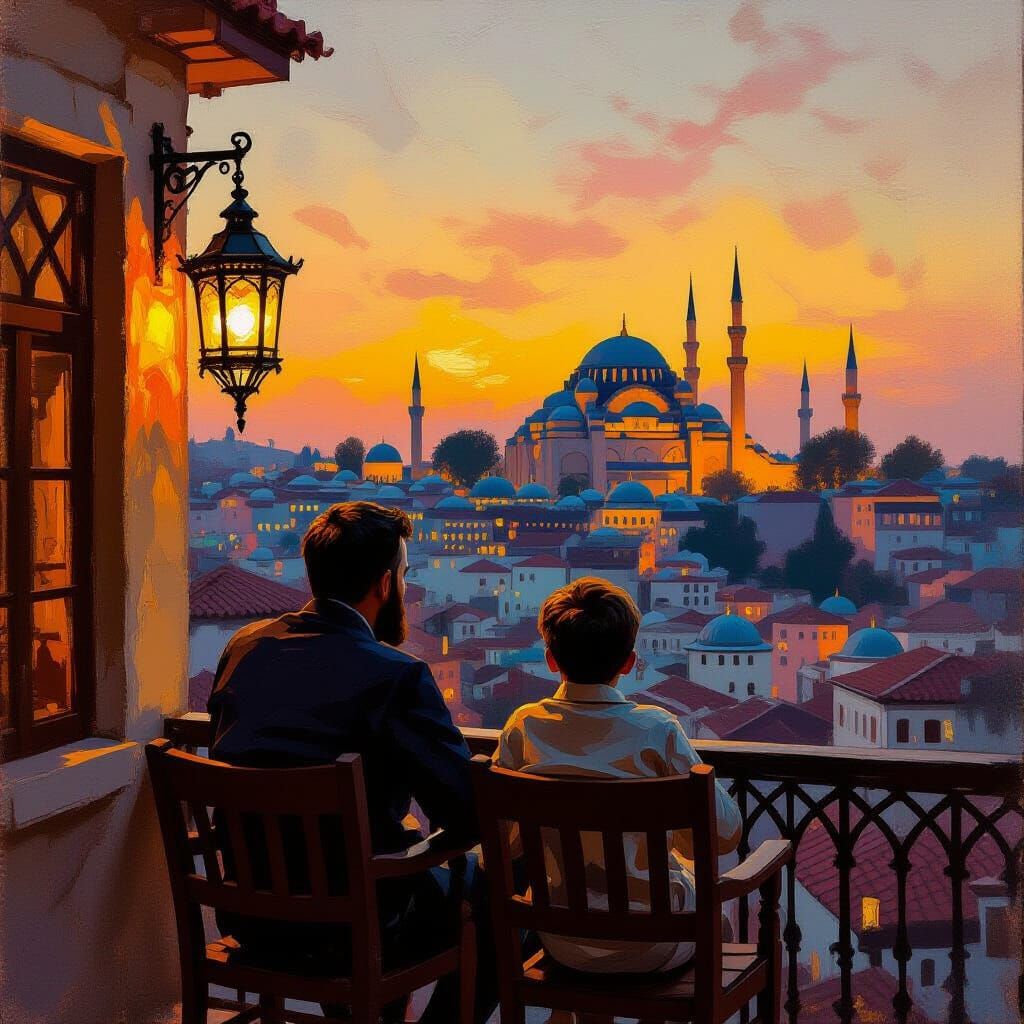 Balcony Scene: Father and Son in Impasto Style
