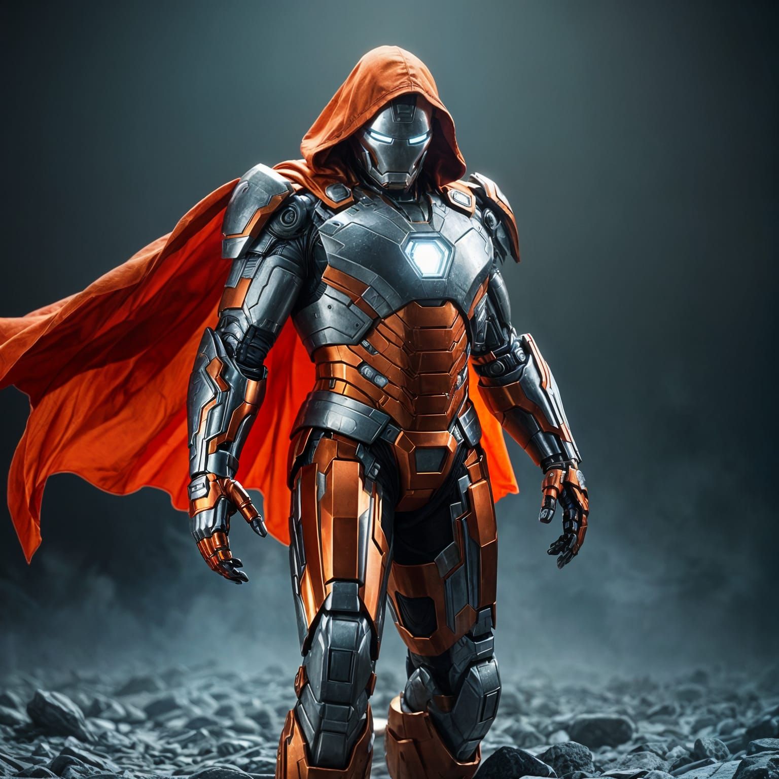 Ironman wearing a similar outfit as Dr. Doom, suit is metallic orange and silver, cape and hood is orange. intricate mec...