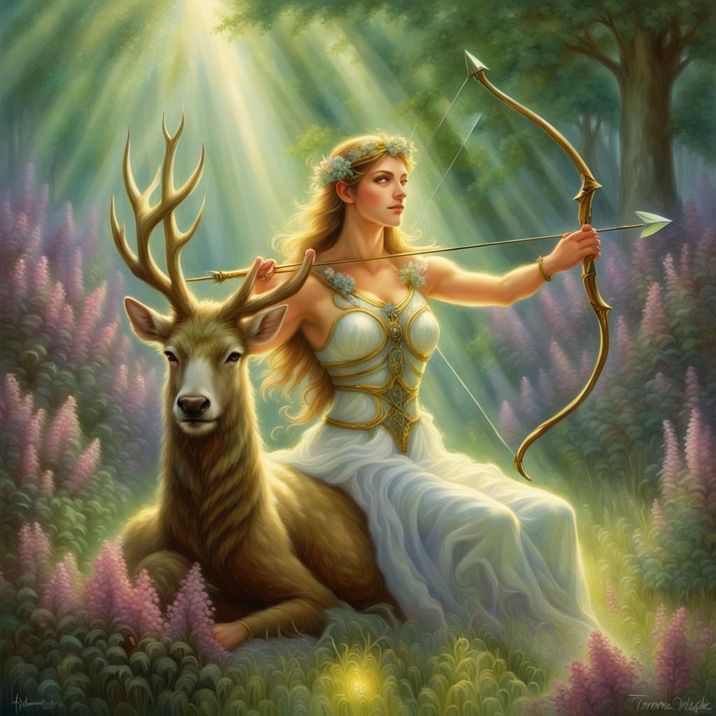 Goddess Artemis in a Sunlit Amaranth Field