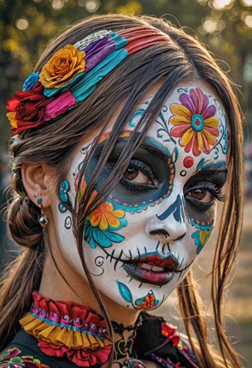 Day of the Dead Woman Portrait in Hyperrealistic Style