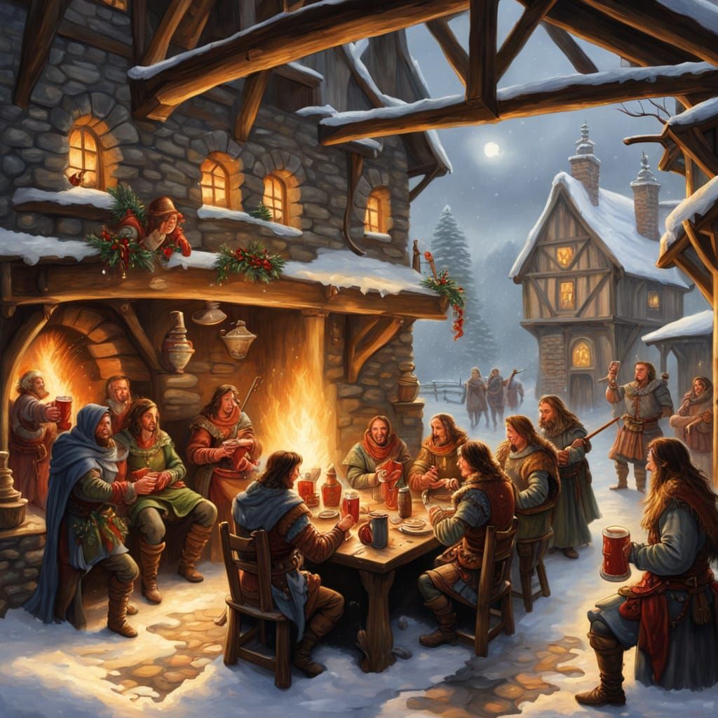 Medieval Fantasy Tavern Scene at Christmas