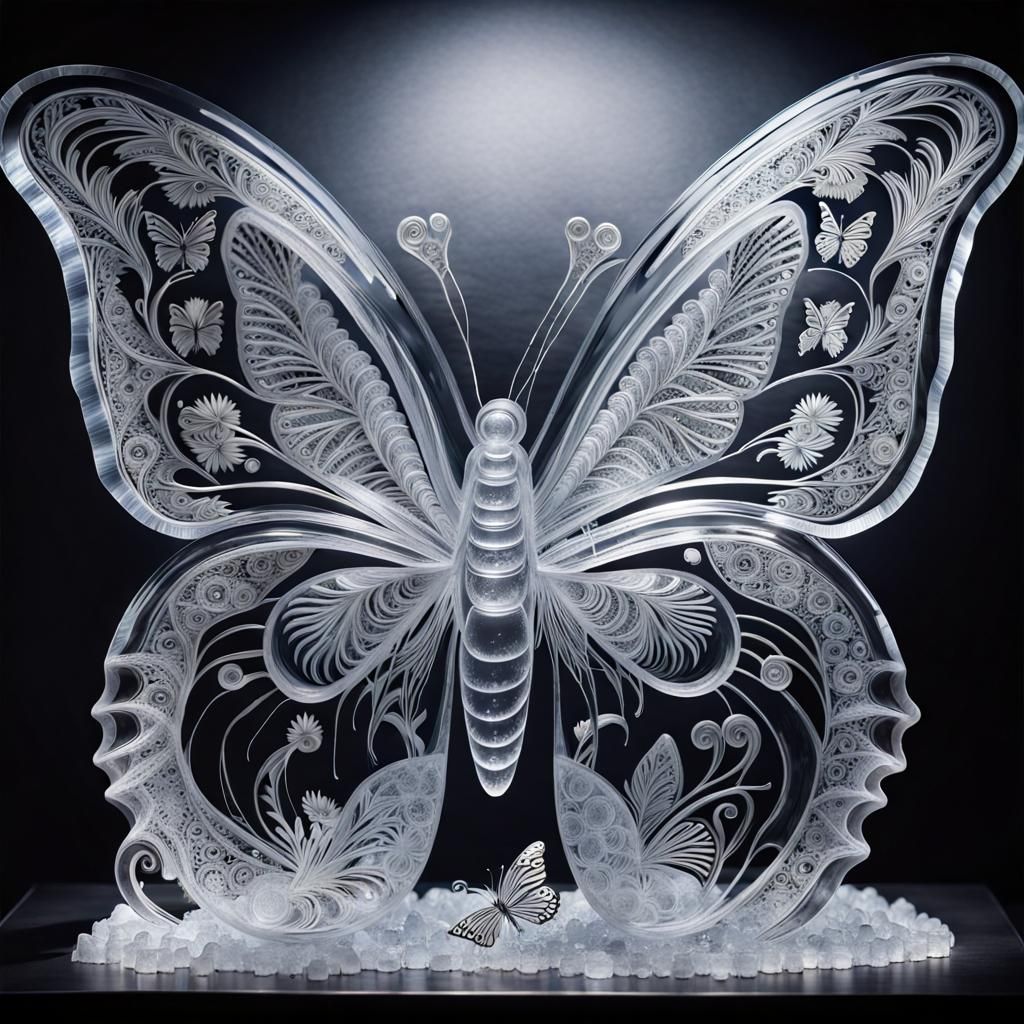Intricate Clear Ice Butterfly Sculpture with Zentangle