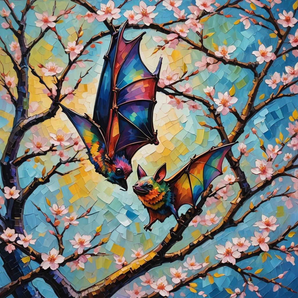 Rainbow Bat in Cherry Tree: Expressionist Oil Painting