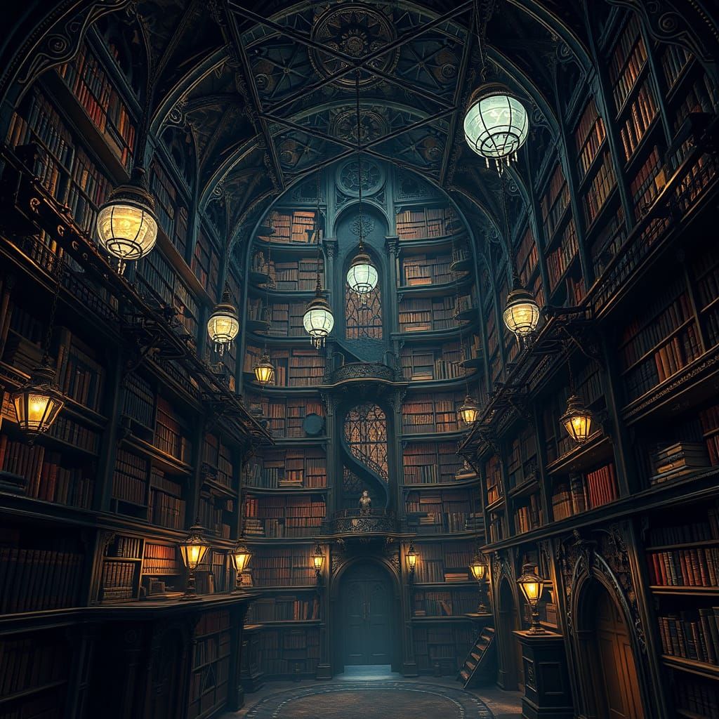 Ethereal Underground Library with Shifting Bookshelves