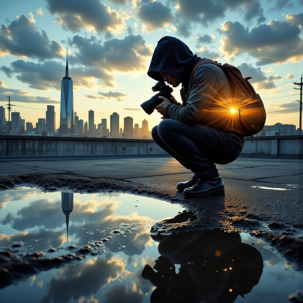 Hooded Photographer Captures Rooftop Double Exposure
