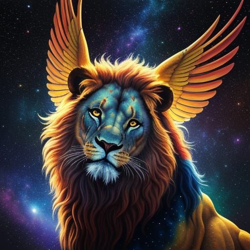Surreal Lion with Wings Soaring Through Cosmos