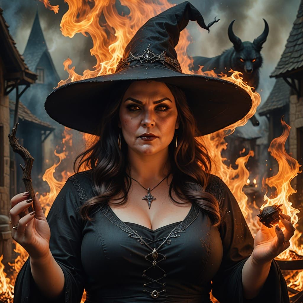 Seductive Witch Caster in a Fiery Hellish Scene