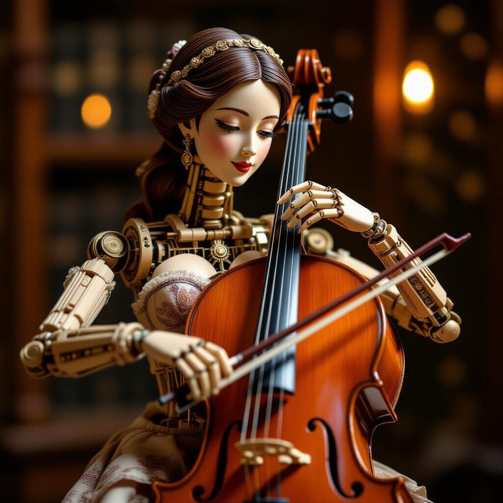 Wooden Cello Player Automaton with Visible Gears
