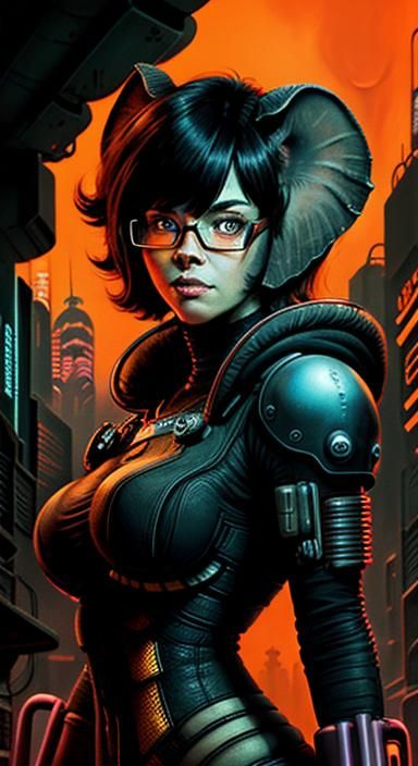 Cyborg Velma Dinkley Elephant in Cyberpunk Dystopia