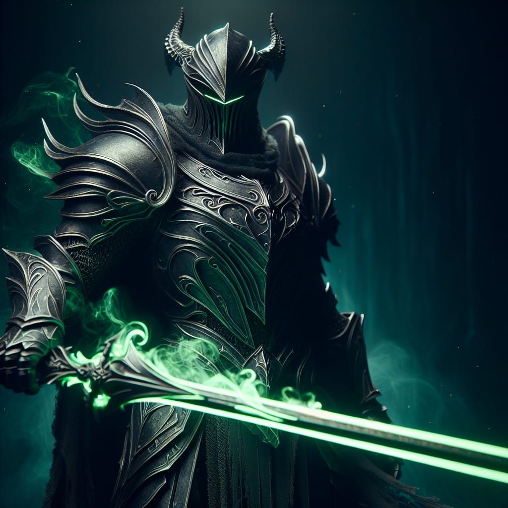 Dark Mythical Knight with Luminescent Sword