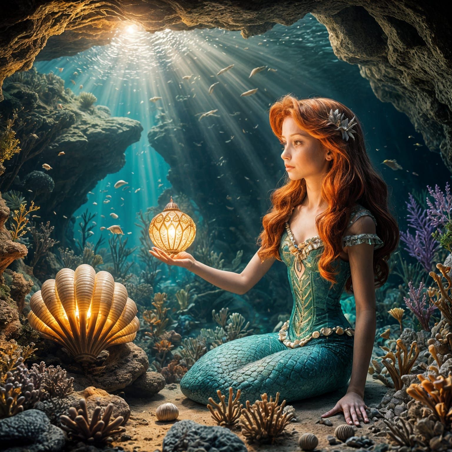 Mermaid in Cave with Shell Lamp