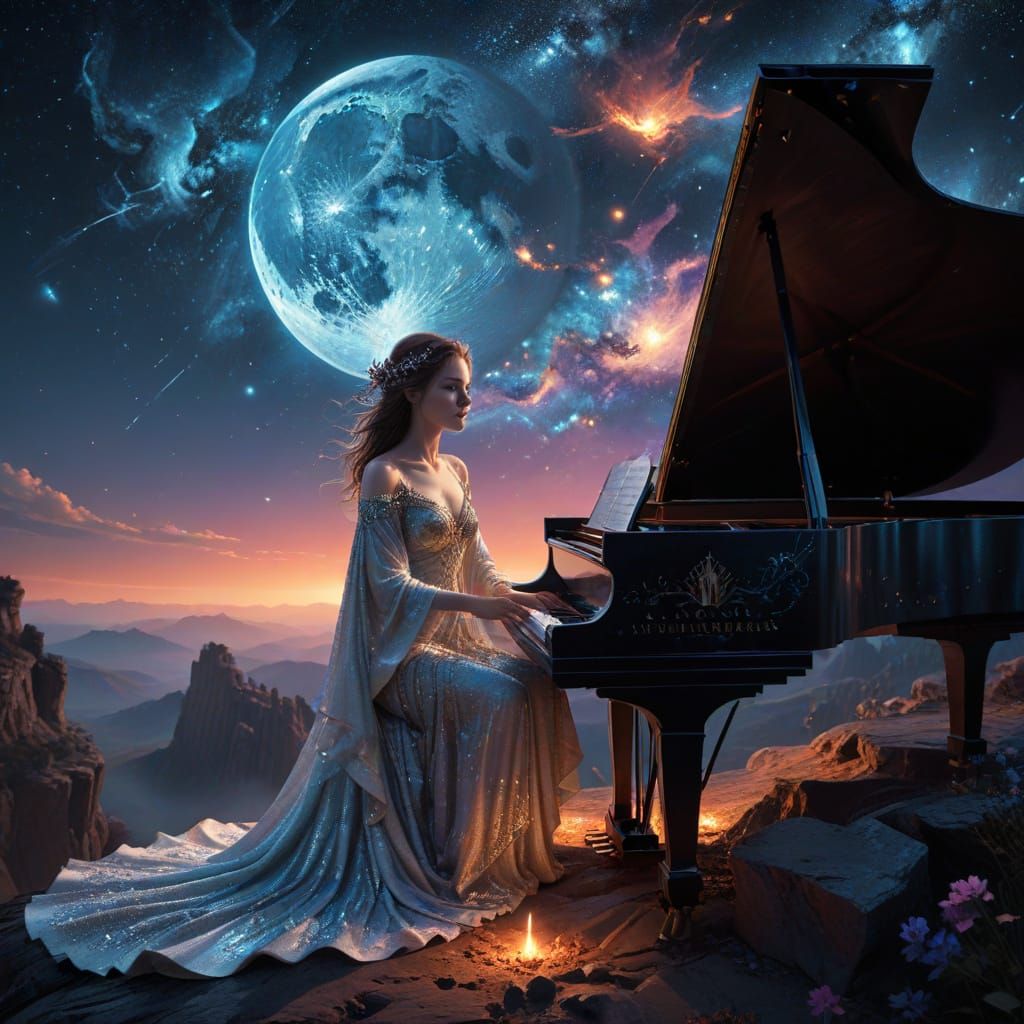 Magician Plays Piano Under Cosmic Milky Way Sky