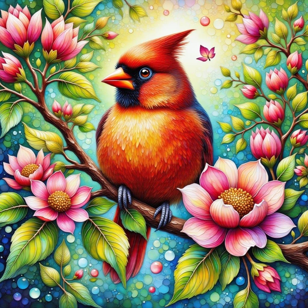 Vibrant Cardinal in Gouache and Watercolor Style