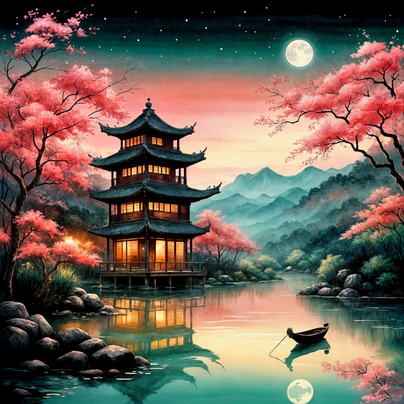 Moonlit Chinese Garden with Reflective Pond