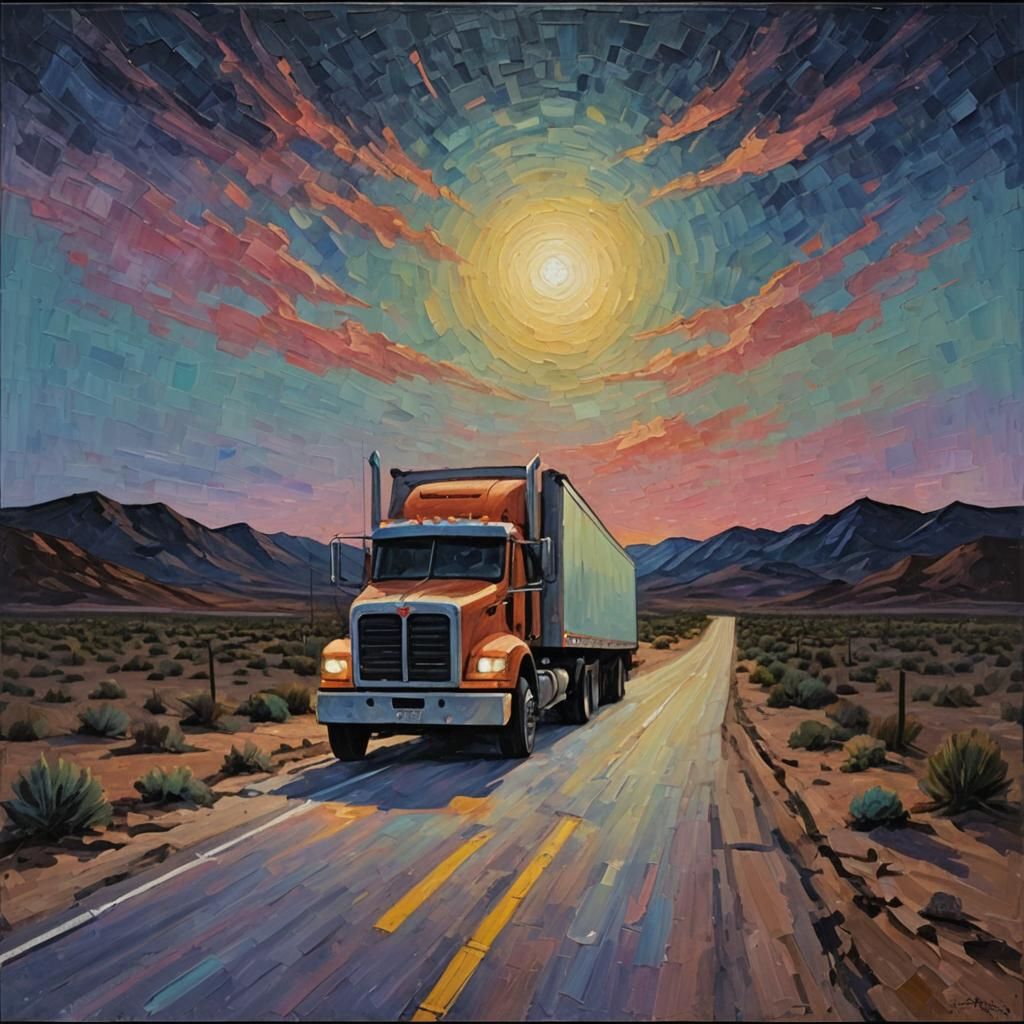 Desert Road at Night: Expressionist Oil Painting