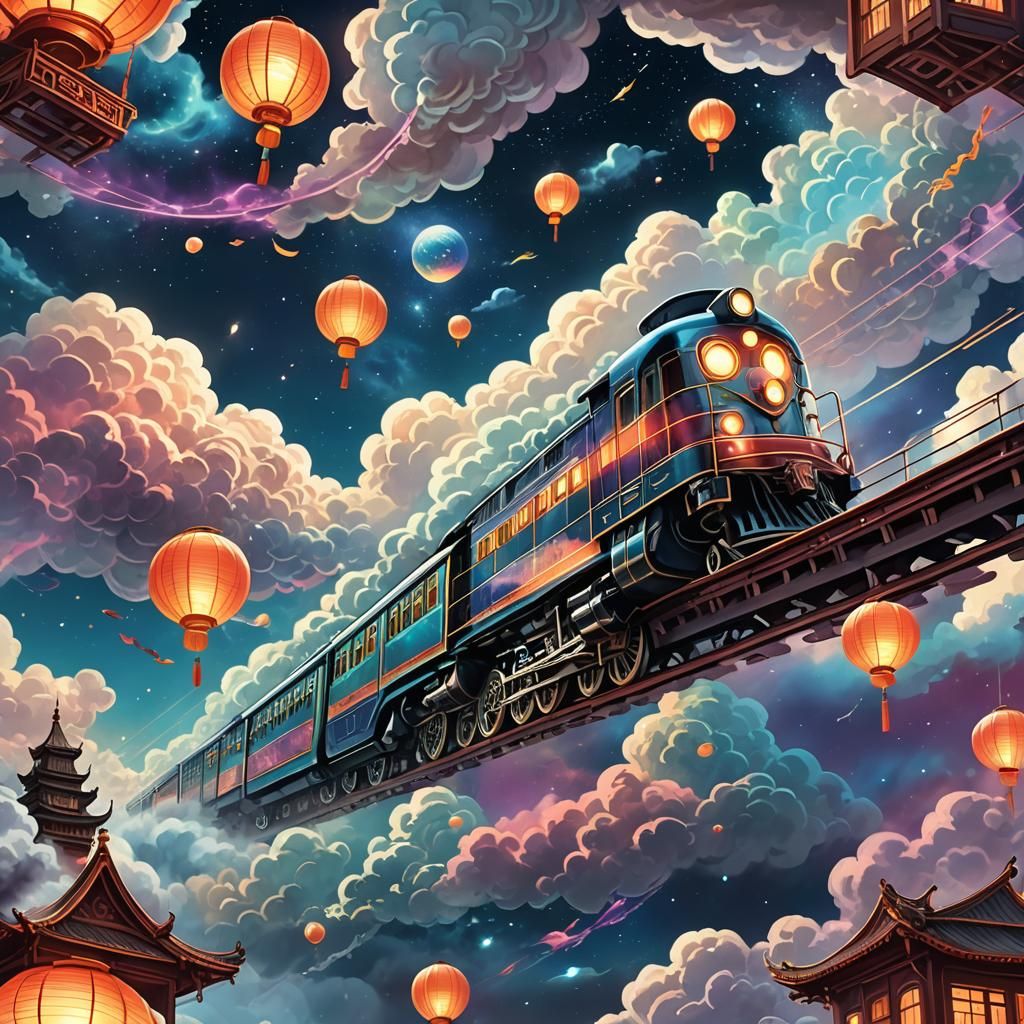 Celestial Retro Train on Cloud Rails in Chinese Style