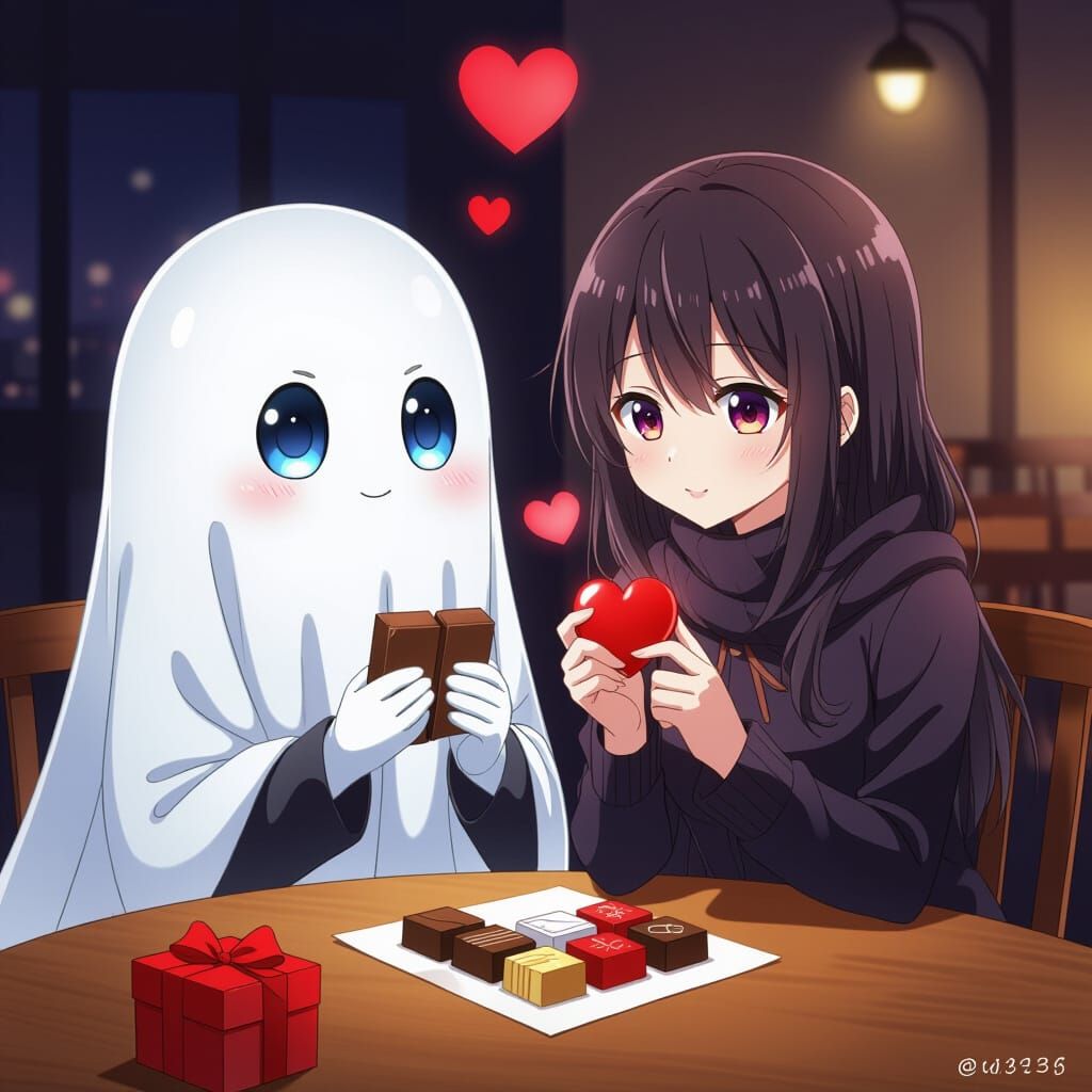 Cute Anime Ghost Couple Sharing Valentine Chocolate