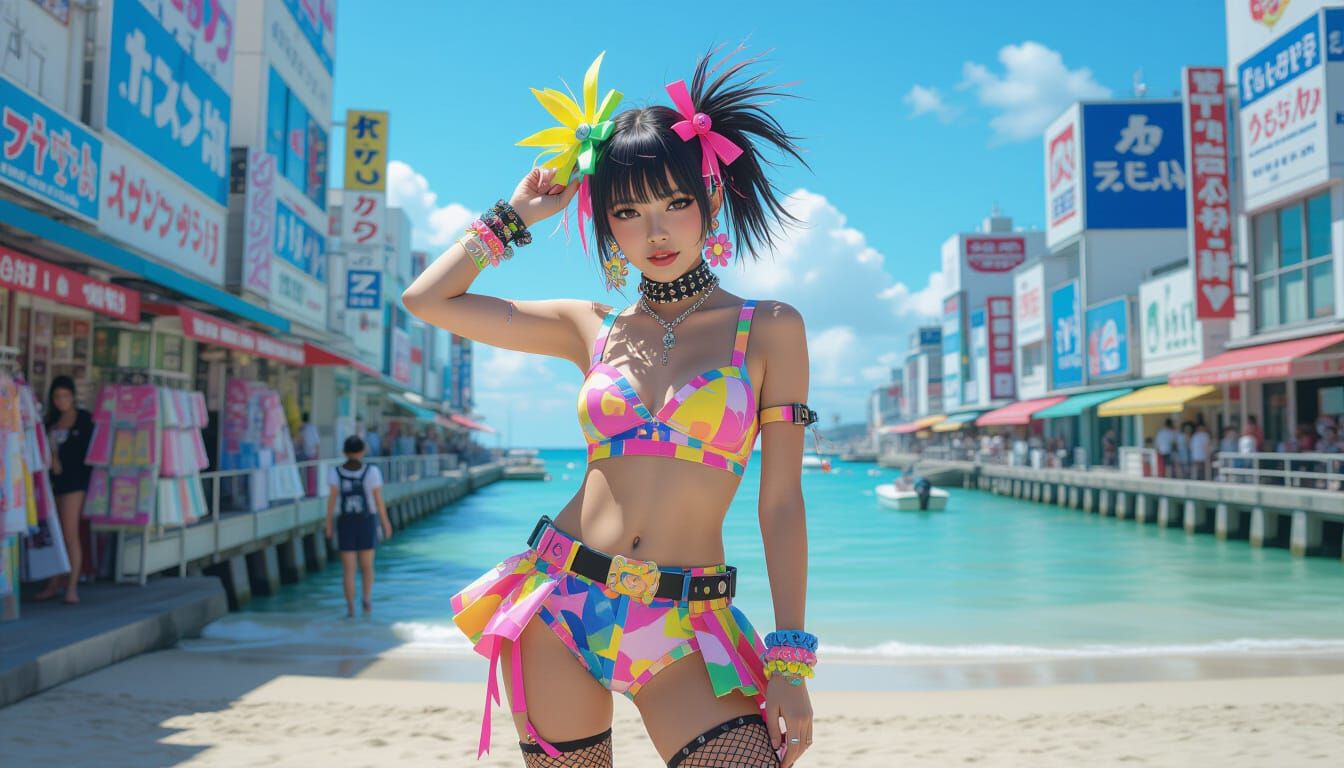 Punk Gyaru Girl on Okinawa Beach in Pop Art Style