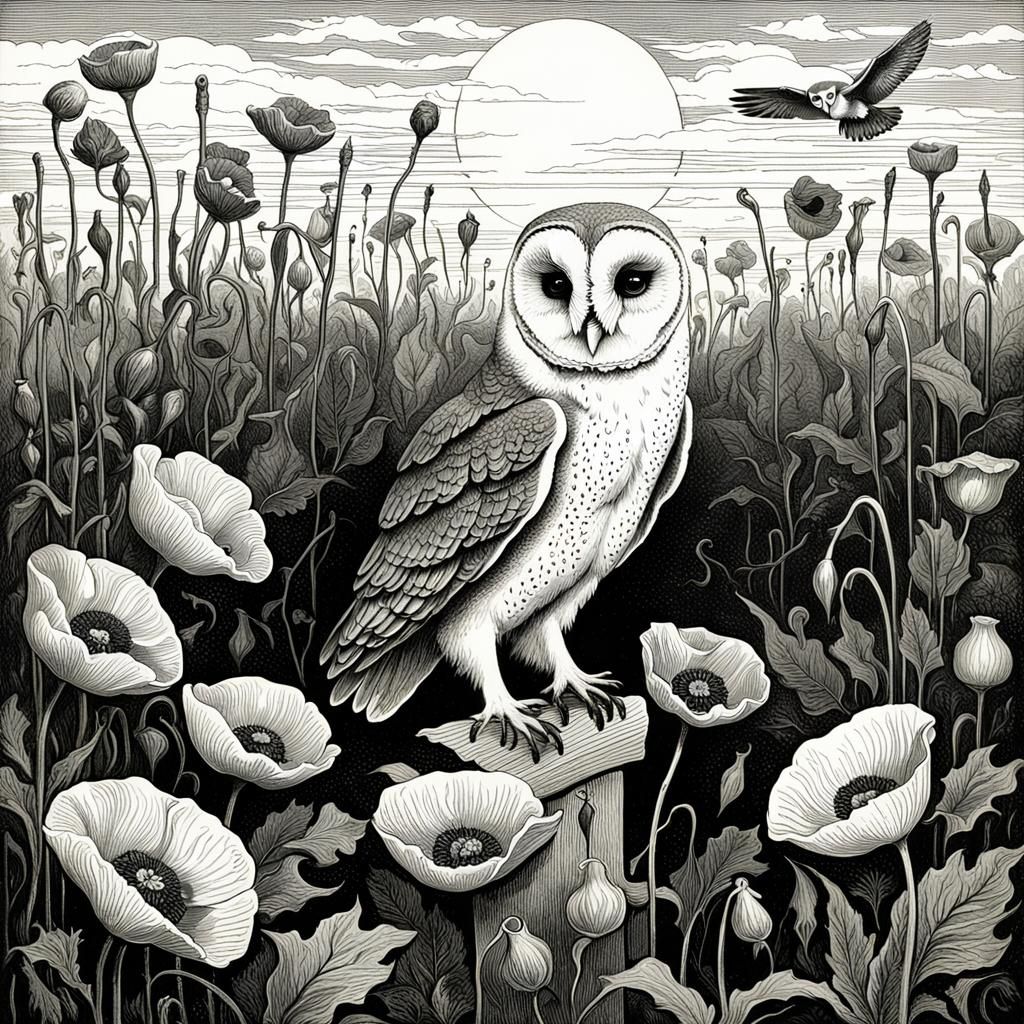 Barn Owl Among Giant Poppies: Dark Romanticism