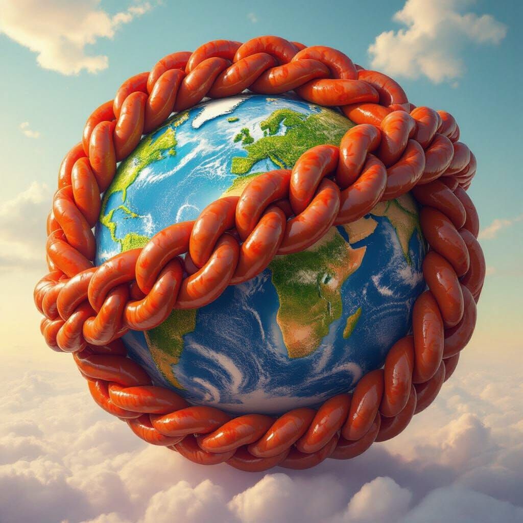 Sausage Chain Wraps Planet in Surreal Digital Art